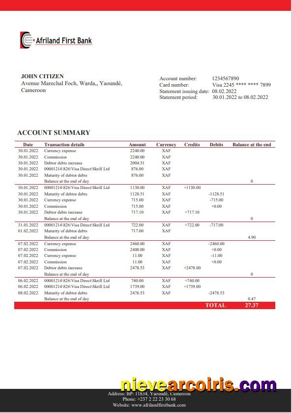 Cameroon Afriland First bank statement Word and PDF